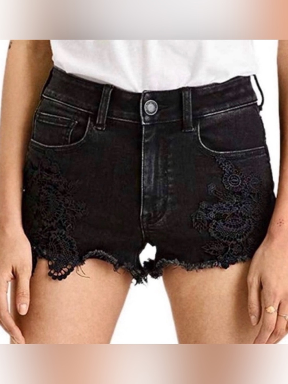 AMERICAN EAGLE Black Lace-Trim Distressed Denim Shorts - Women's